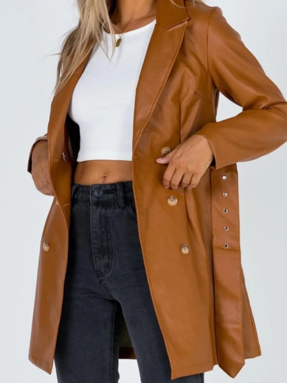 Princess Polly Brown Faux Leather Belted Trench Coat - S/M